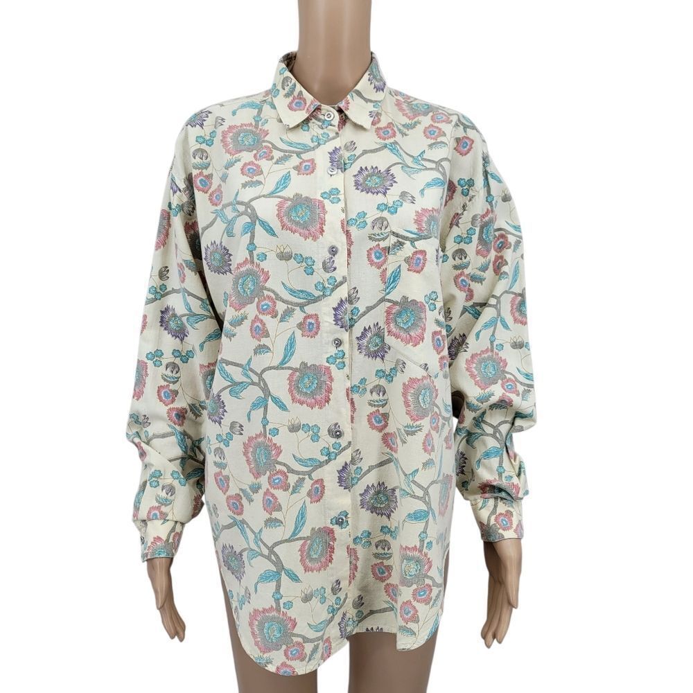 Andrew Sports Vintage 90s Cotton Floral Patterned Shirt Cream Button Up